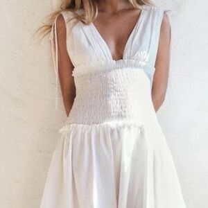 ZARA White Smocked V-Neck Mini Dress